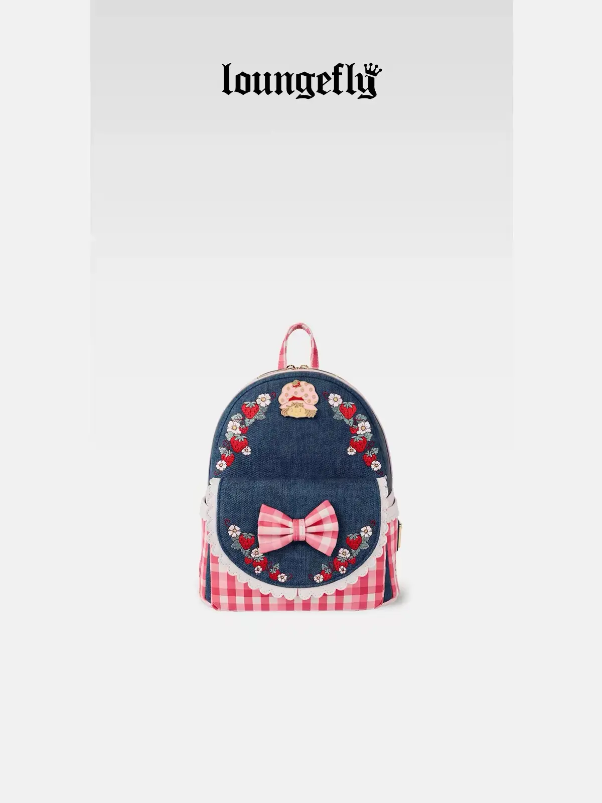 LF x Strawberry Shortcake Collab Women Mini Backpack, Denim Pink Plaid Sweet Style,