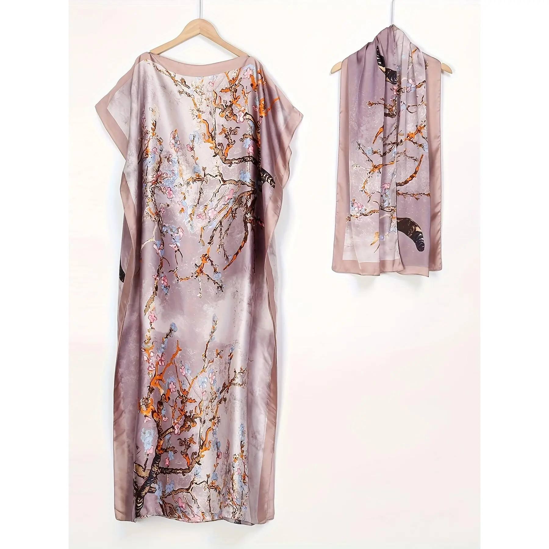 Women's 2-Piece Turkish Style Kaftan Dress Set - Polyester Floral Robe with Crew Neck, Loose Modest Middle Eastern Clothing
