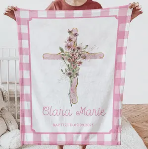 Floral Cross Baby Blanket: Baptism Gift Girl Personalized Gingham 100% Cotton Woven Blanket or Fleece