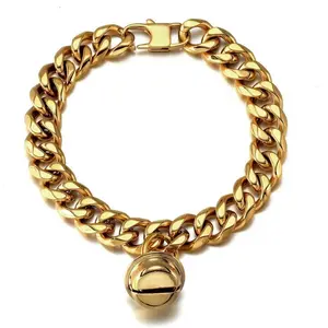 18K Gold Cat Dog Collar Kitten Puppy Gift Wide Stainless Steel Kitten Cute Curb 8 inch Adjustable Chew Proof Cuban Link 13mm Chain with Gold Bell (10"(for 8"~10")) Adjustable Golden Dog Chain Collar
