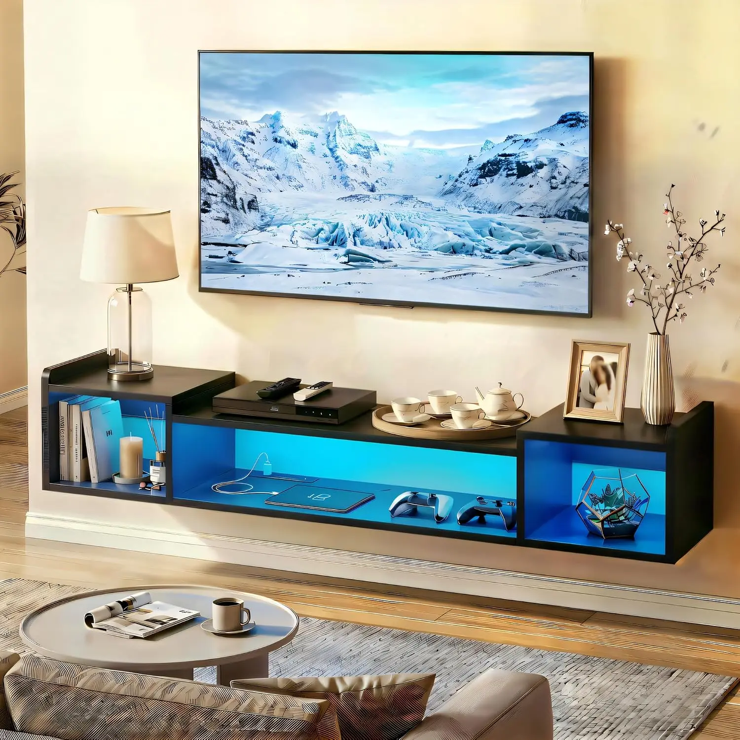 Raybee 70.9" / 55.1" Long Floating Under TV Shelves with LED,Power Strip for 60/65/70/75 Inch TV | Black Wooden Entertainment Center Shelf,3 Storage Shelves & 154 lbs Capacity,Wall Mounted for Living Room Bedroom Dorm Apartment,Sleek, Modern