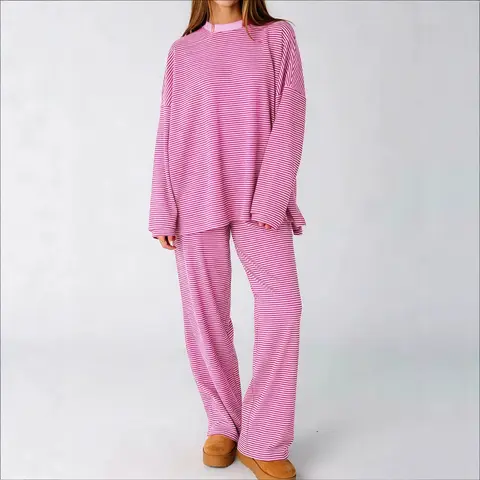 Women's 2 Piece Striped Lounge Set Long Sleeve Oversized T-Shirt Wide Leg Pants Matching Pajamas Set