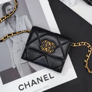 Pre-owned CHANEL Lambskin Shoulder Bags 19 Bag, Black and Gold, 30, Mini WOC Crossbody Bag