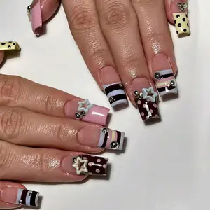 Y2K Candy Stripe Ballerina Nails, Short Textured Finish, 24-Piece Press-On False Nails, Nail Design, DIY Nails Art, DIY Glamorous Look for Women & Girls, Stick On Nails