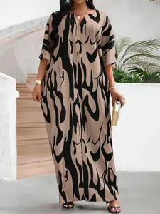 Women's V-Neck 3/4 Sleeve Floral Print Loose Casual Mid-Length Dress, Casual Elegant Dress, Modest Maxi Dress for Everyday Wear, Casual Chic Dress, Comfortable and Stylish
