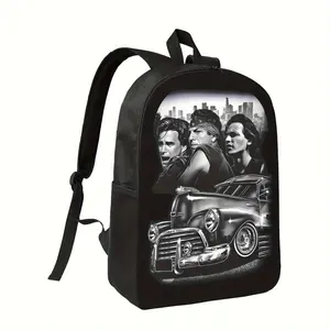 1pc "Blood in Blood Vatos Locos" Youth Backpack - Large Capacity, Adjustable Straps, Zipper Closure, Black with Vintage Car & Cityscape Print, Durable Polyester Lining, Perfect for School, Travel & Casual Use, Backpack for School, Travel Backpack, Bold G