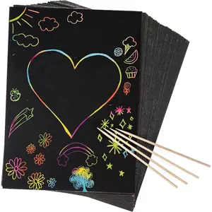 50 Piece Rainbow Scratch Paper - 4 Wooden Styluses Included - Create Rainbow Scratch Art With This Jumbo Craft Pack