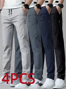 Men's Summer Ice Silk Fiber Pants Set of 4 - Breathable Moisture-Wicking Straight-Leg Pants with Elastic Waistband and Pockets, Casual Sports Outdoor Trousers Black Gray Navy Blue, Durable Breathable Fabric Athletic Wear