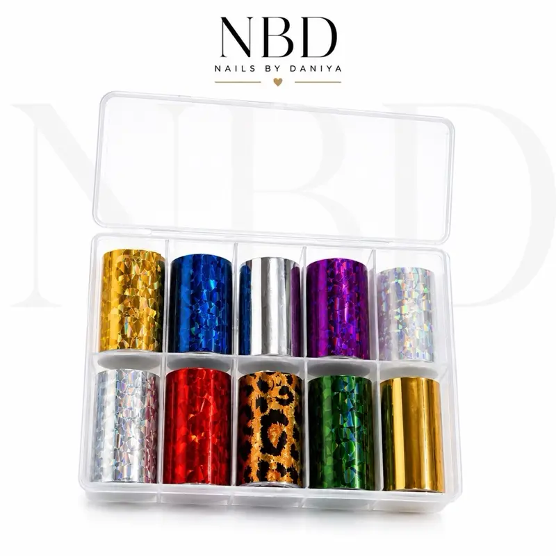NBD Holographic Nail Foil Set – 10PCS Transfer Foils for Nail Art Designs | Metallic Chrome Foil Kit for Acrylic, Gel & Natural Nails