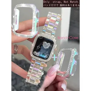 2pcs/Set Apple Watch Strap & Apple Watch Case Transparent Rainbow Resin Strap+Double-Row Drill Openwork Colorful Electroplated Case Half-Package Hard Shell Anti-Fall Compatible With Apple Watch Band Women 38mm 40mm 41mm 42mm 44mm 45mm Super 49mm Transpare