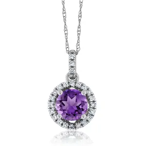 Gem Stone King 14K White Gold Purple Amethyst and White Diamond Pendant Necklace For Women (0.87 Cttw, Gemstone Birthstone, Round 6MM, with 18 Inch Chain)