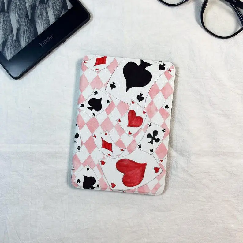 Pink Diamond Checkerboard Playing Card Kindle Case With Hand Strap, Cover for Paperwhite 12th 7”, Kindle 2024, Fire 7, Kobo Clara BW Gift