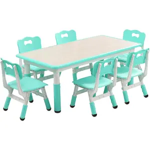 Modern Kids Study Table and 6 Chair Set, 47.20" Height Adjustable Toddler Table and Chairs Set with Non-Slip Table Legs&Organizer Graffiti Desktop,Suitable for Kids Table and Chairs Ages 2-10
