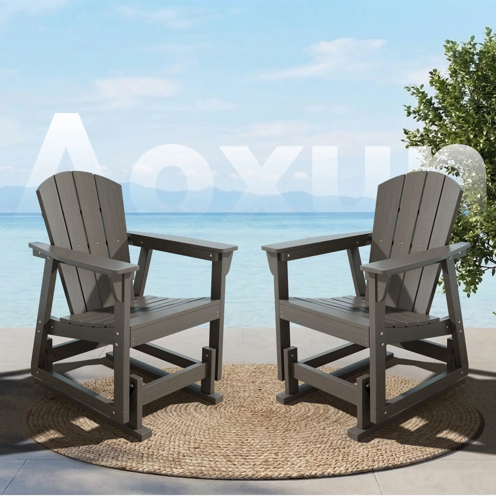 Aoxun 2-Piece Adirondack Rocking Chairs - HDPE Plastic All-Weather Outdoor Patio Furniture, Wide Seat Patio Rocker, Stainless Steel Hardware, 400-lb Capacity, Assembly Required for Front Porch Backyard