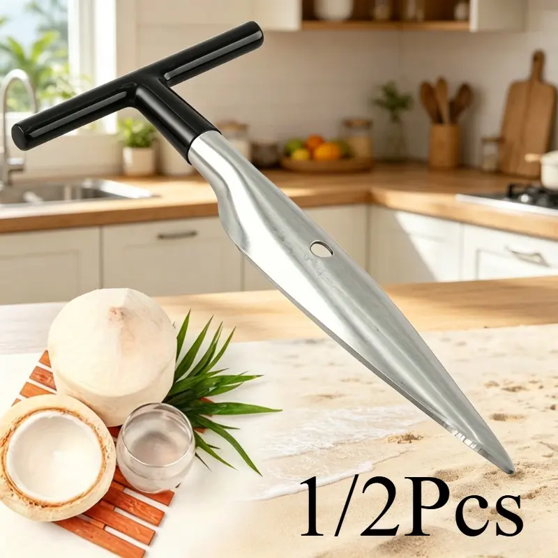 1/2 piece heavy-duty stainless steel coconut cutter with T-shaped handle, black anti slip handle+polished silver metal, quickly and safely opens fresh coconuts, perfect for summer gatherings, picnics, camping, and making coconut water