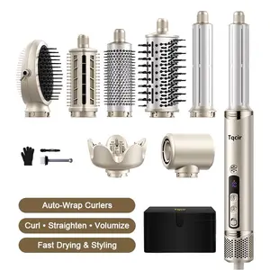 8-IN-1 Dual Voltage Travel Hair Dryer Brush - Portable Mini Titanium Round Styler, Hot Air Blow Dryer, Straightener & Curler Volumizer Tool, 110/240V  Plug for International Travel  Twist Ionic Curly Styling