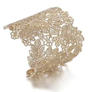 Lace Leaf Flower Hollow Vintage Boho Style Cuff Open Wide Big Bangle Bracelet for Women Jewelry