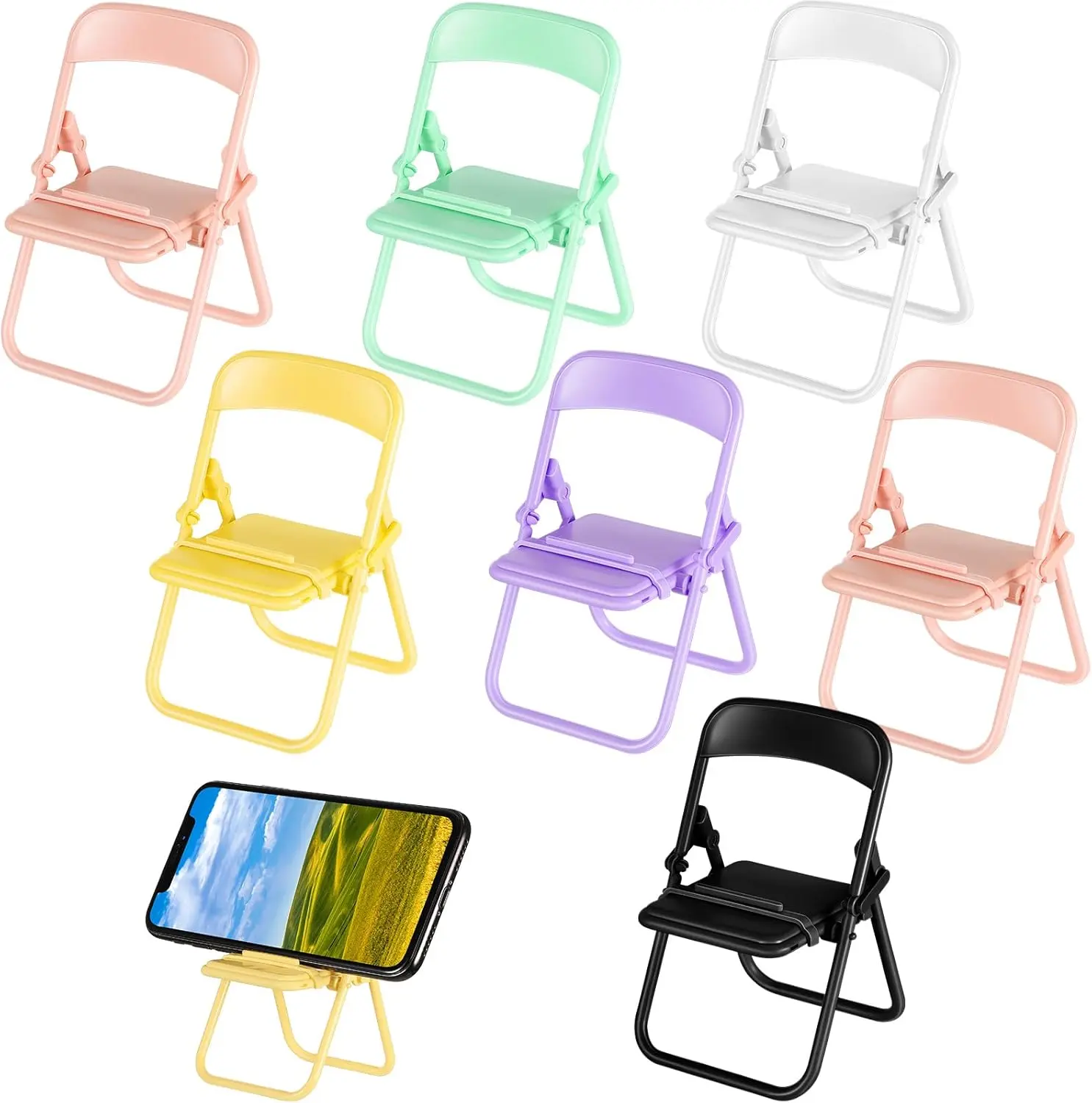 7 Pcs Mini Folding Chair Cell Phone Stand Desktop Foldable Mobile Phone Holder Folding Chair