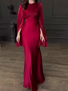 Vintage High Waist Satin Long Dress, Elegant Round Neck Fitted Maxi Dress, Long Sleeve Party Dress for Women, All Seasons Fashion