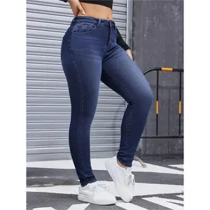 Women's Fall Winter Fleece Lined Denim Jeans, Elegant Woven Fabric, Thicken Warm Comfortable Pants, High Waist Slim Fit Design