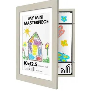 Americanflat 10x12.5 Kids Art Frame - Front Loading with Matted 8.5x11 or Fits 10x12.5 - Light Wood, No Mat, 100 Artworks, My Mini Masterpiece
