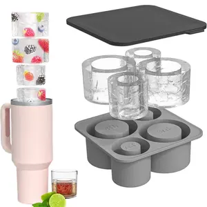Ice Cube Tray for 20-40 oz Tumblers, Food Grade Reusable Silicone Mold with Lid for Freezer, Hollow Cylinder Shape Allows Room For Straw, Yields 4 Cubes For Ice Cold Drinks, Juice, Whiskey, Cocktail, Easy Fill and Release Ice Maker Kitchen Utensils Summer