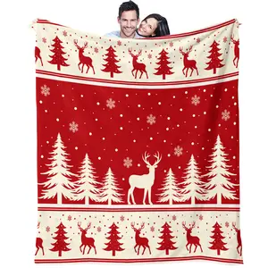 Christmas Reindeer and Pine Stripe Pattern, suitable for children and adults as Christmas holiday gifts, soft, warm and lightweight plush blanket, suitable for bed, sofa, car, room decoration