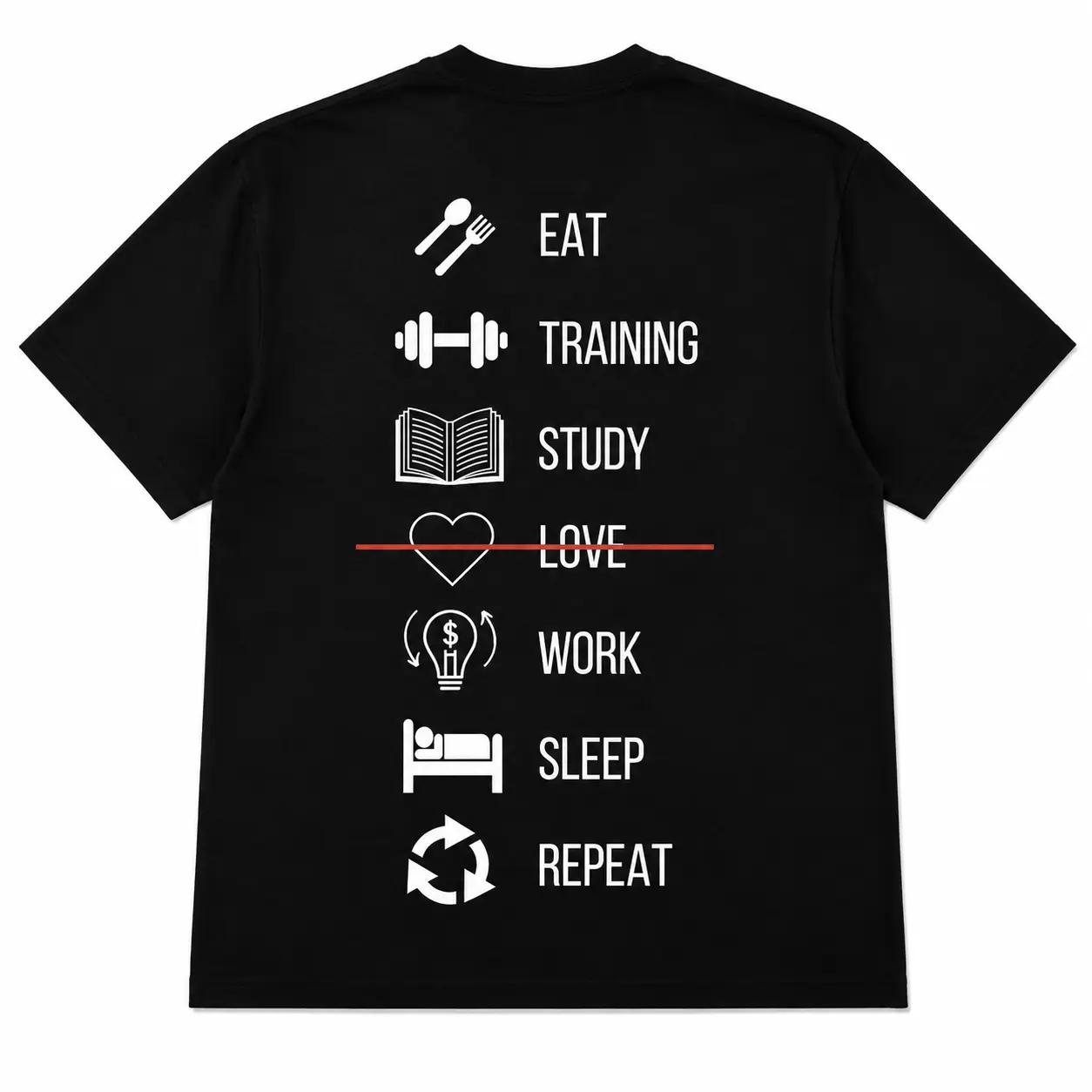 Eat Train Study Work Sleep Repeat Funny Gym T-Shirt, No Love Fitness Routine Back Print Tee, Bodybuilding Weightlifting Workout Shirt, Oversized Gym Rat Pump Cover, Hustle Lifestyle Athletic Apparel, Gift for Men Women Lifters and Students