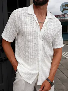 Men's Casual Short Sleeve Shirt, Collared, Hollow Out Design, Chest Pocket, Summer Fashion, Plain Pattern, Fitted Long Top, Spring & Summer