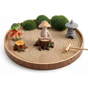 Mushroom Mini Zen Garden Kit for Desk Decor,Mushroom Meditation Frog Figurines Sand Tray Therapy Office Whimsical Decor,Nature Forest Decorations Accessories for Home Room Cottage Core