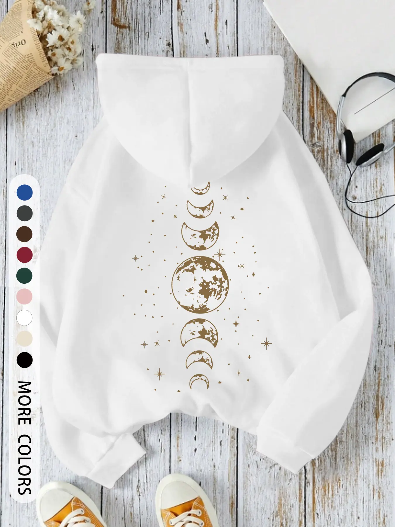 Women's Hooded Drawstring Sweatshirt, Graphic Moon Print, Comfortable & Stylish, Easy to Pair, Must-Have Closet Addition, Fall & Winter Fashion