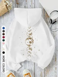 Women's Hooded Drawstring Sweatshirt, Graphic Moon Print, Comfortable & Stylish, Easy to Pair, Must-Have Closet Addition, Fall & Winter Fashion
