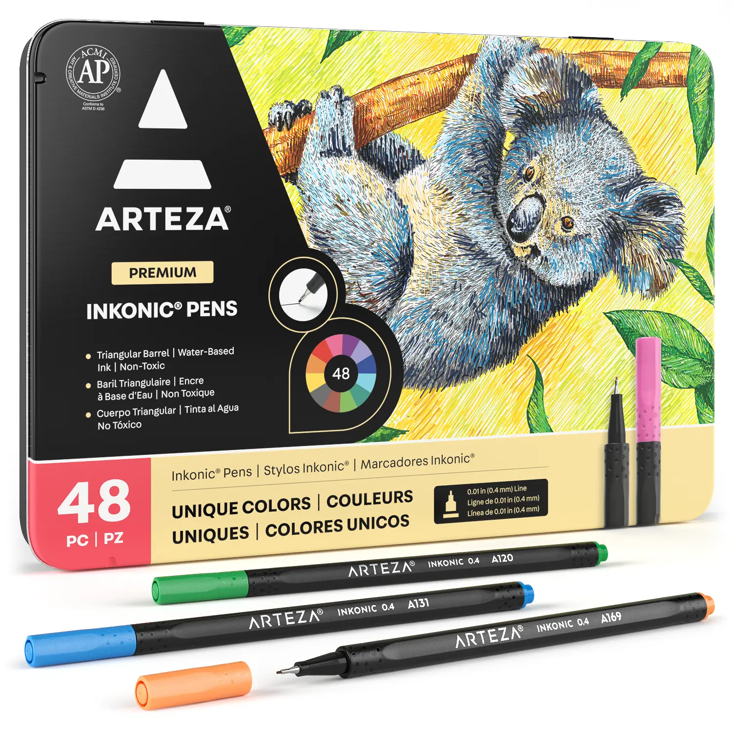 Arteza® Inkonic™ Bleed-Proof Fast-Drying Water-Based Fineliner Pens Set, 48 Rich Hues, 0.4 mm Tips, Crisp Lines, Flawless Precision, for Artists & Planners, Portable 48 pc - ARTZ-8752