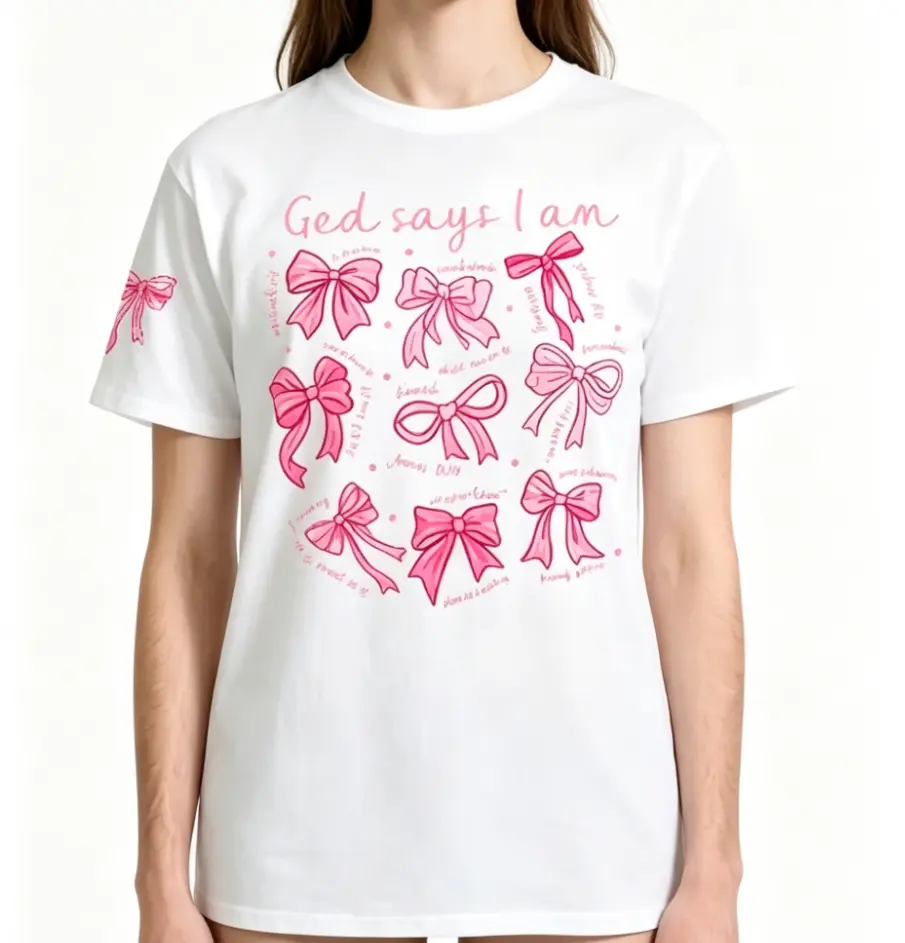 God Says I Am Pink Bow Coquette Graphic Pure Cotton T-Shirt, Matching Bow Sleeve Print Women Faith Casual Tee