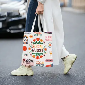 Social Worker Canvas Tote Bag, Flower Pattern Print Reusable Shopping Bag, Eco-Friendly Cotton Handbag for Social Workers, Ideal Gift for Women, Durable Shoulder Bag with Strong Handles, Lightweigh