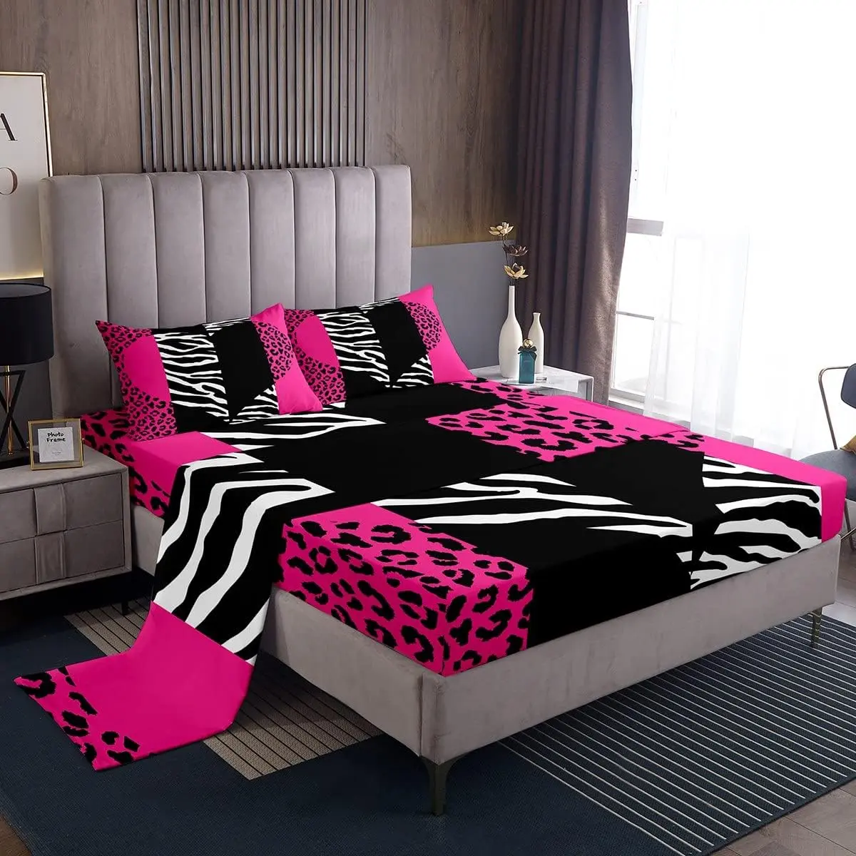 Pink Leopard Sheet Sets,Cute Zebra Heart Bedding Set,Geometric Patchwork Stripes Deep Pocket Sheet for Women,Room Decor Romantic Wild Animals Fur Fitted Flat Sheet