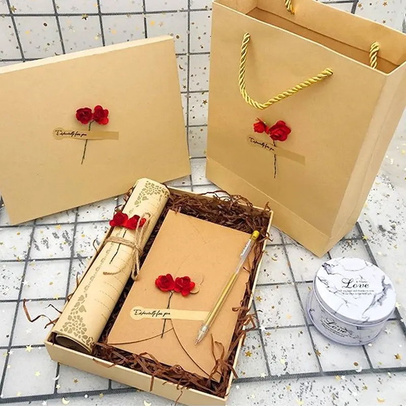 Valentine's Day Love Letter Stationery Set, Vintage Brown Leather-Toned – Red Rose Paper Envelopes Gift Box for Her