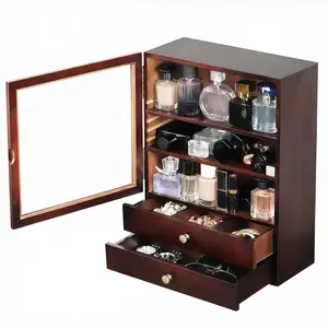 Cologne Organizer with Drawer,Large Men's Cologne Stand,5-Tier Wooden Perfume Display Box,Dustproof Organizer,Gift for Men,Walnut,AHK-085