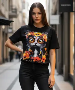 Floral Cat T-Shirt Halftone Design Orange Yellow Blue Casual Summer Wear Drop Shoulder Half Sleeve Crew Neck 100% Cotton Medium Length Short Sleeve Charming Delicate Lightweight Comfortable