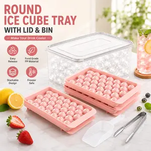 Pink Round Ice Cube Tray with Lid and Bin, Easy Release Ice Ball Mold Set with Storage Container for Cocktails, Juice, Coffee and Cold Drinks