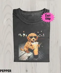 Funny Goldendoodle Drinking Iced Coffee T-Shirt,Dog Owner Gift,Dog Meme Graphic Tee,Coffee Dog Shirt,Gift For Animal Lover,Funny Dog Shirt