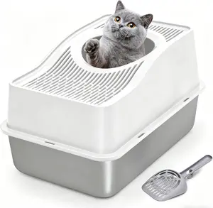 Top Entry Cat Litter Box with Lid, Stainless Steel Enclosed Cat Kitty Litterbox, Top Opening Large Enclosure Metal High Side Litter Pan Tray Box Dog Proof, Easy Cleaning, White