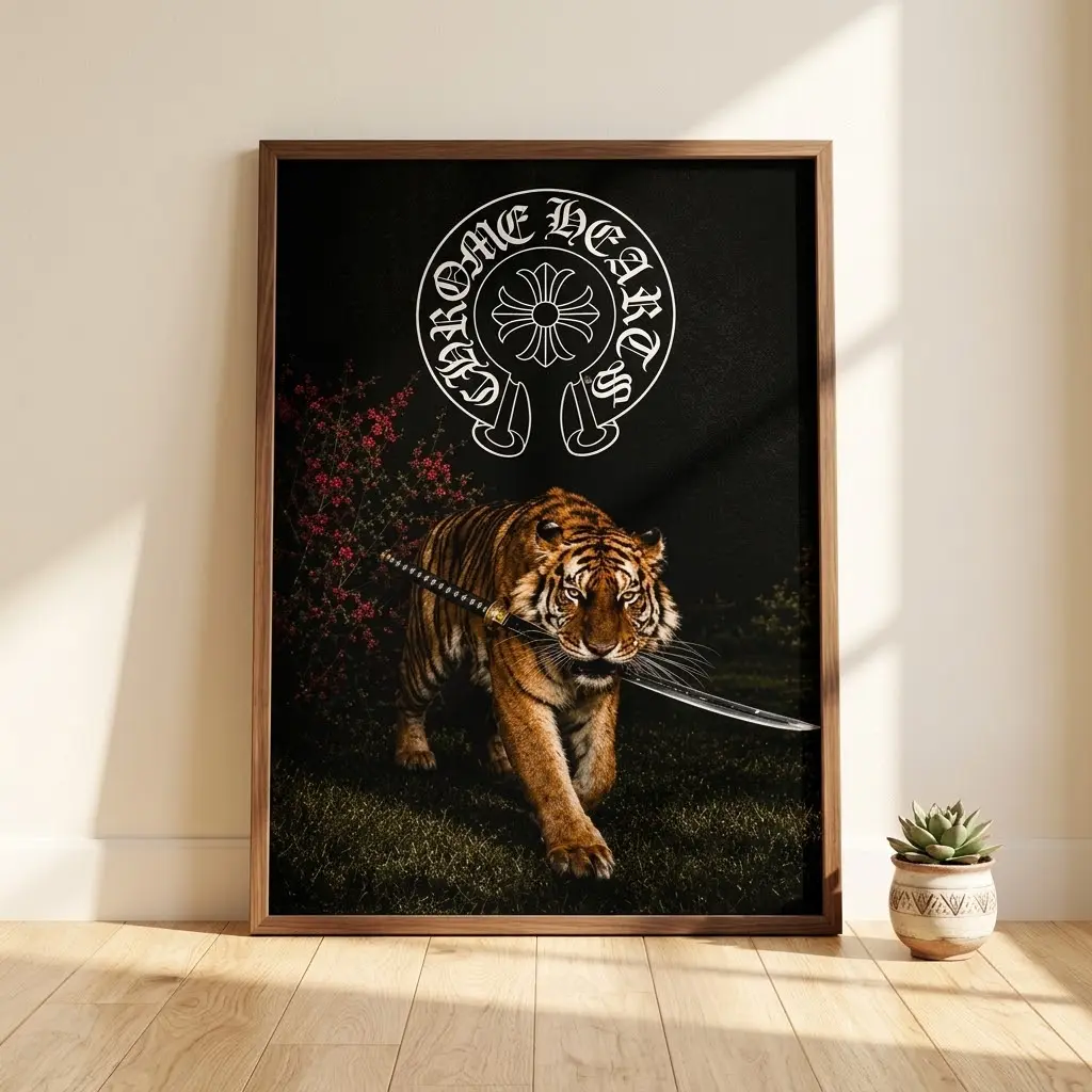 Chrome Hearts Tiger Inspired Poster No Frame, Hypebeast Streetwear Wall Art, Gothic Animal Print, Luxury Y2K Room Decor Artwork