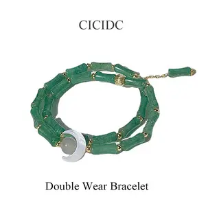 Double Wear Natural Green Jade Bracelet With Bamboo And Moon Design For Daily & Christmas Gift