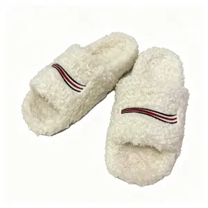 Women's Fluffy Open Toe Slippers, Cozy Striped Faux Fur House Slides, Warm Soft Non-Slip Indoor Outdoor Slippers for Fall Winter