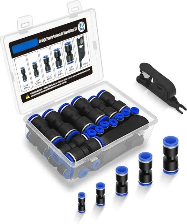 30Pcs Straight Push to Connect Air Hose Fittings, Pneumatic Quick Connect Fittings Kit with Tubing Cutter for 5/32" 1/4" 5/16" 3/8" 1/2" Air Line, Nylon & PU Tubing