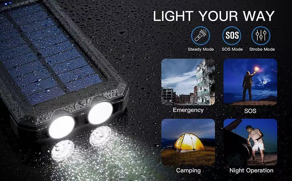 Portable Solar Phone Charger, Camping External Battery Charger for Mobile Phones, with 2 USB Ports and LED Flashlight (with Compass), Ideal for Outdoor Activities, 10000/20000 mAh Solar Power Bank