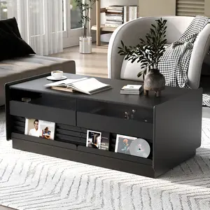 Modern Rectangular Coffee Table with 4 Drawers & 2 Display Shelves, 47.2 Inch Fluted Design Table with Tempered Glass Top, MDF Frame for Living Room Home Decor