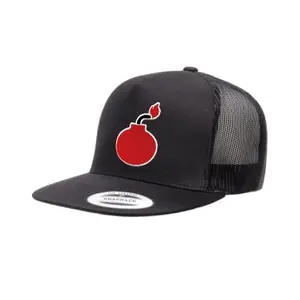 FLAT BILL BLACK SNAPBACK TRUCKER HAT WITH BOMB LOGO