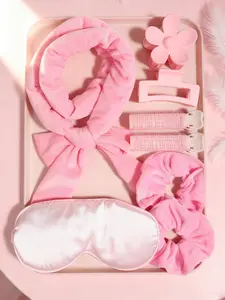 8pcs Pink Curly Hair Set Non-electric Heatless Hair Curler Curly Hair Belt Large Flocking Hair Ring Pale Pink Eye Mask Small Curling Hair Rod Hair Clamp Excellent Women's Toiletries Hair Accessories Set for Traveling Home Gift Tie Hair Disc High ponytail